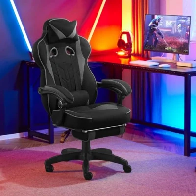 Imagen de WOLTU Silla Gaming, Transpirable Tela ergonómica, Sillon de Oficina con Reposabrazos, Cojin Cabeza y Apoyo Lumbar, Gran Respaldo Asiento, Tejido elástico, Gris, GS01gr