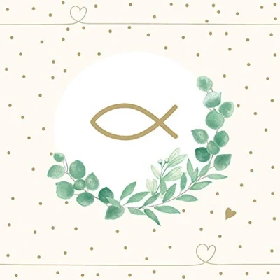 Imagen de Servilletas de confirmación, 20 servilletas, pescado sobre hiedra, color blanco, comunión, bautizo, decoración mesa, 33 x cm