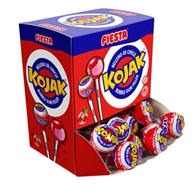 Imagen de FIESTA Kojak Caramelo con Palo Sabor Cereza Relleno de Chicle Caja 20 unidades