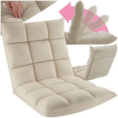 Imagen de TecTake® Sillon Plegable Lectura, Silla de Suelo Ajustable para Tatami, Terciopelo, Respaldo Flexible en 14 Posiciones, Sofa Estructura Acero, Yoga, cómodo cojin Beige