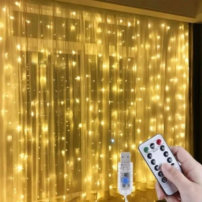 Imagen de COSHANO Luces LED de Cortina Luz cadena USB con Mando a Distancia 8 Modos Luz, Resistente al aguapara para Decoración Ventana, Navidad, Fiestas (3x2 Metros 200 Led, Blanco Calido)