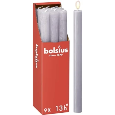 Imagen de Bolsius Velas cónicas para cenas, lavanda, paquete de 9, larga duración combustión 13 horas, vela doméstica, decoración interiores, sin perfume, cera natural vegana, 27 x 2,3 cm