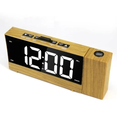 Imagen de BDJSN Reloj Despertador con Proyección De Radio FM, Pantalla Grande LED Grano Madera Proyector Giratorio 180, Despertadores Duales, Termómetro Enfoque Ajustable