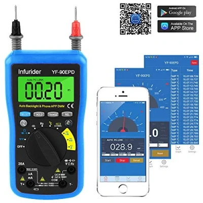 Imagen de INFURIDER 90EPD Multímetro Digital Voltímetro de Rango Automático Avómetro DMM con Conexión Bluetooth Teléfono para Voltaje CA/CC, Corriente, Resistencia, Tapa, Temperatura, Hz, Probador Batería