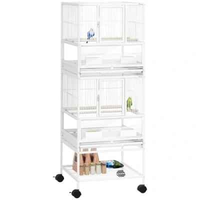 Imagen de Pawhut Jaula para Pájaros Grande de 2 Niveles con Ruedas Paneles Acrílicos Comederos Perchas Estante Bandejas Extraíbles Pajarera Loros Canarios 48x46x134,5 cm Blanco