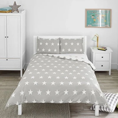 Imagen de Bloomsbury Mill Juego de Funda Nórdica Cama 105 para Niños y Niñas Estrellas Gris &amp; Blanco Edredón Reversible 2 Almohadas Infantil 200 x cm