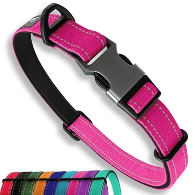 Imagen de Collar Fuerte para Perros medianos, Color Rosa, Reflectante, Ajustable, Acolchado, Anillo en V de Aluminio, Seguridad