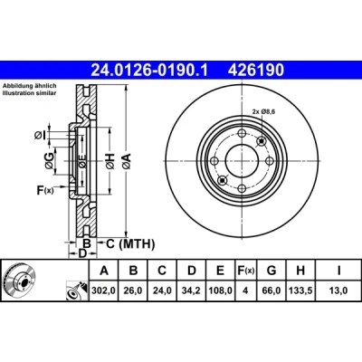 Imagen de ATE 24.0126 0190.1 Disco de freno 302,0 26,0 4 108,0 ventilado revestido aleado/alt. carburado con tornillos PEUGEOT: 208 I Hatchback
