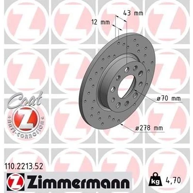 Imagen de ZIMMERMANN 110.2213.52 Disco de freno 278 12 10/5 5 110 macizo, perforado revestido ALFA ROMEO: Giulietta Hatchback, 159 Berlina, Brera