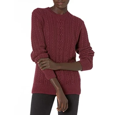 Imagen de Amazon Essentials Jersey de Cuello Redondo y Manga Larga en Punto Trenzado con Ochos (Disponible Tallas Grandes) Mujer, Burdeos Oscuro, S