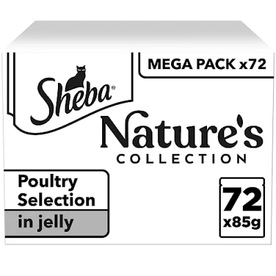 Imagen de Sheba Nature&#039;s Collection Selección Delicada en gelatina con Sabor a Pollo, Pavo, Aves, Pato, Comida húmeda Completa para Gatos Adultos, 72 bolsitas de 85 g
