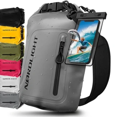 Imagen de Nordlight Bolsa Estanca Impermeable + Funda para Móvil, Cierre Enrollable, Correa Hombro Drybag Mochila Saco Estanco de Transporte Náutica Playa Sup Gris, 10 litros