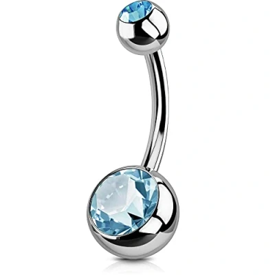 Imagen de OUFER Solid Titanium Belly Bars 14G Navel Rings Grade 23 Ball Double Blue Gem 1.6mm Piercings Bar Button