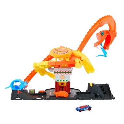 Imagen de Hot Wheels City “Let&#039;s Race ¡a Correr! Netflix Pizza Slam Ataque de Cobra Pista para Coches Juguete con Serpiente, Incluye 1 vehículo, +4 años (Mattel HTN81)