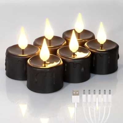 Imagen de FREEPOWER 6 velas de té LED negras con temporizador (6 horas), parpadeo, luz blanca cálida, eléctricas recargables cable USB, decoración familiar Halloween Navidad, diámetro 4 x 5,5 cm