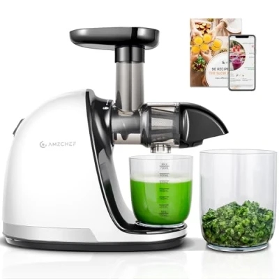 Imagen de AMZCHEF Licuadora para verduras y frutas prensado en frio con función inversa Cold press slow juicer machine 3 1 Extractor de zumos 2 Tazas incluidas Blanco