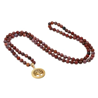 Imagen de COAI Collar Mala 108 Cuentas de Ágata Portuguesa Anudadas a Mano con Colgante Árbol la Vida Acero Inoxidable