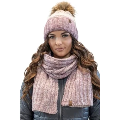 Imagen de Vivisence Conjunto De Invierno para Mujeres con Gorro Pompón Y Bufanda Envolvente Hechos Hilo Cálido Suave Elegante Proteger del Frío, Rosa,Talla Única