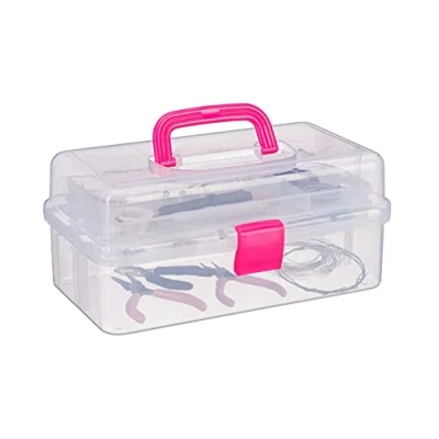 Imagen de Relaxdays Estuche de plástico, Organizador con nueve compartimentos, Asas, Cierre Click, Rosa, 14 x 33 19 cm