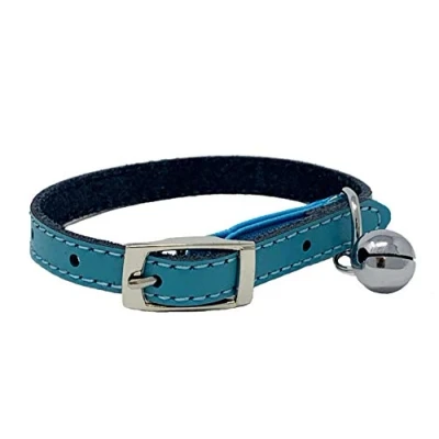 Imagen de JK Collar de gato piel auténtica con elástico seguridad, campana, disponible (azul)
