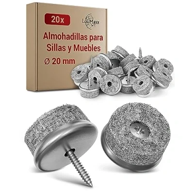 Imagen de Almohadillas para Sillas y Muebles LouMaxx Juego de 20 Unidades Redondos, Ø 20mm Color Gris Tacos con Fieltro, 6mm Grosor, Bordes Metal Protección el Suelo