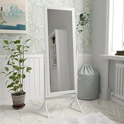 Imagen de Vida Designs Nishano Espejo Rectangular de Longitud Completa, pie, Madera, Giratorio, para Dormitorio, Pasillo, cómoda, Color Blanco