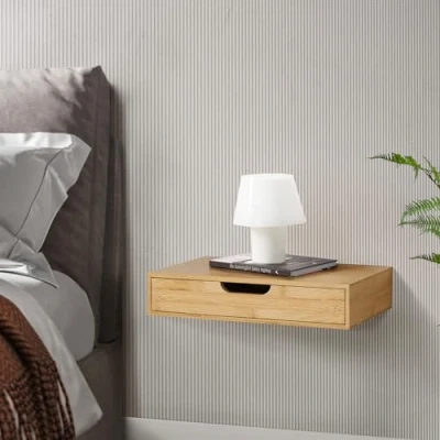 Imagen de [en.casa] Estante Pared Bokn para Llaves Libros Gafas Lámpara Estantería Mesilla de Noche Mural con Cajón máx. 5 kg Bambú 40 x 24 8 cm Natural