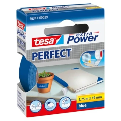 Imagen de tesa Extra Power Perfect Cinta de Reparación Reforzada en Tela para Confeccionar, Reparar, Fijar, Reforzar y Etiquetar Azul 2.75 m x 19 mm