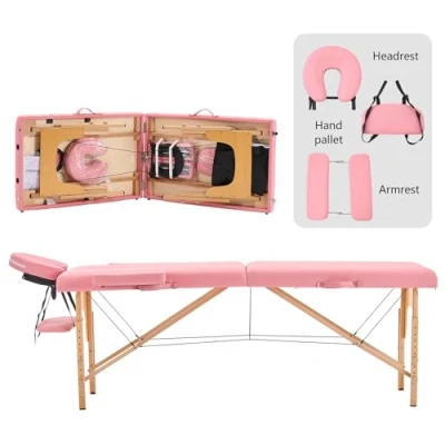 Imagen de YOUNIKE Camilla de Masaje Plegable Portátil Profesionales Estetica 2 Zonas Fisioterapia Tatuaje Massage Table para Pestañas Ajustable Altura y Reposabrazos Extraíbles Rosa