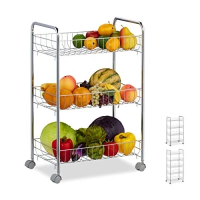 Imagen de Relaxdays Carrito Auxiliar, 3 Estantes, 4 Ruedas, Carro Universal Cocina, Baño, Oficina, 62,5 x 40,5 26,5 cm, Plateado, Plástico