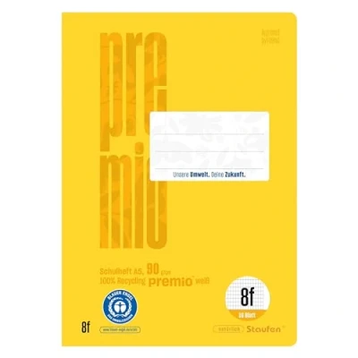 Imagen de Staufen premio Cuaderno escolar, 10 cuadernos de 16 hojas, DIN A5, líneas 8f (5 x 7 mm con margen), papel reciclado 90 g/m², esquinas redondas para evitar orejas burro