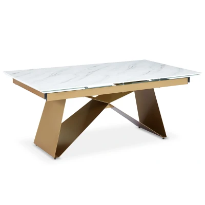Imagen de Mesa de comedor extensible Mogarie cristal efecto mármol blanco y patas doradas Menzzo