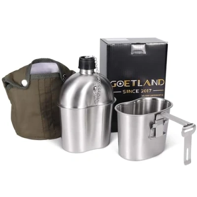 Imagen de Goetland Juego de Cantimplora Acero Inoxidable Cantina WWII Militar Estadounidense 1L con Copa 0.5L Funda Nailon G.I.