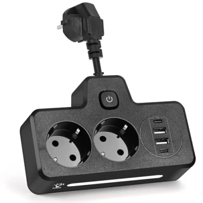 Imagen de LustLocke Regletas Enchufes USB C, Ladron con 2 Tomas, Puertos A y Enchufe Alargador Multiple Pared Cable Corto Regleta, Compacta para Oficina, Hogar Viajes (Negro)