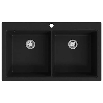 Imagen de vidaXL Fregadero Encastrable con 2 Senos de Granito Negro Cubeta Lavaplatos