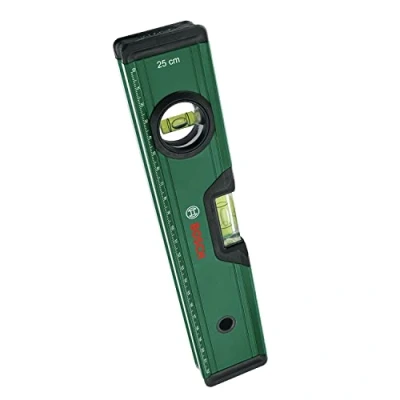 Imagen de Bosch Home and Garden Nivel de Burbuja, 25 cm, Nivelado Preciso con 2 Burbujas Fluorescentes para la Lectura Horizontal/Vertical, Escala Métrica, Cuerpo Aluminio, Protectores Agarre Suave