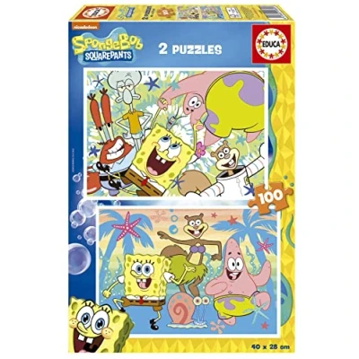Imagen de Educa Bob Esponja 2x100, 2 Puzzles de cartón con 100 Piezas Cada uno, diversión por Partida Doble, Medida aproximada Puzzle: 40 x 28 cm, A Partir 6 años (19389)