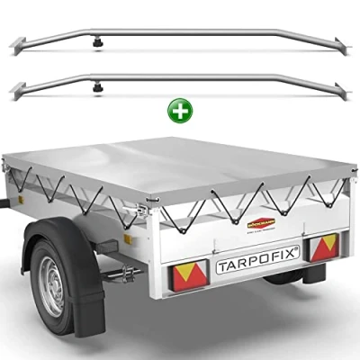 Imagen de Tarpofix® Lona para remolque plana 209 x 115 10 cm + 2x Soporte de (ajustable 100 145 cm) PVC Cubierta varios remolques coches 750 kg