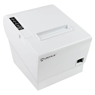 Imagen de Unykach Impresora Térmica de Tickets POS5 UK56009W Blanca con Botones Superiores, Conexiones USB, RJ12, RJ11 y LAN, Compatible Windows, JPOS, OPOS, Linux, Android Mac