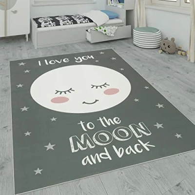 Imagen de Paco Home Alfombra Infantil, Habitación Infantil con Motivos De Estrellas, Luna Y Cuadros, tamaño:80x150 cm, Color:Gris 2