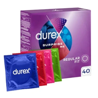 Imagen de Preservativos Durex Surprise Me Variedad excitante, práctica y discreta para un sexo seguro una estimulación extra paquete a granel de 40