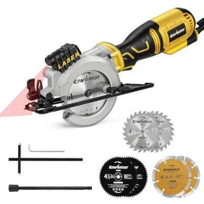 Imagen de ENVENTOR Mini Sierra Circular 705W, de Mano 3500RPM, Guía Láser, 6 Hojas Ø115mm, Corte: 42.8mm/90º, 28mm/45º, para Cortar Azulejo, Madera, Metal Blando