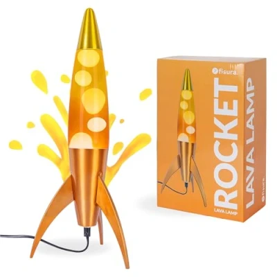 Imagen de FISURA Lámpara de lava naranja “rocket. Base metalizada y botella degradada. retro con bombilla repuesto. 20 cm x 45 cm.