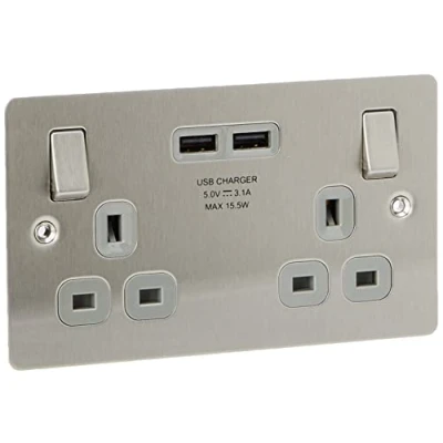 Imagen de BG Electrical Enchufe, 13A, 2x toma de corriente con carga USB, Inserto acero cepillado blanco