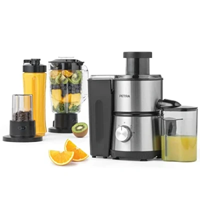 Imagen de Petra PT4294VDEEU7 Batidora de Zumo, 4 en 1, Licuadora Eléctrica, Robot Cocina, Jarra 1 l y Botella Incluida, 2 Velocidades, Zumos Batidos Saludables/Proteínas, Sin BPA, 400 W