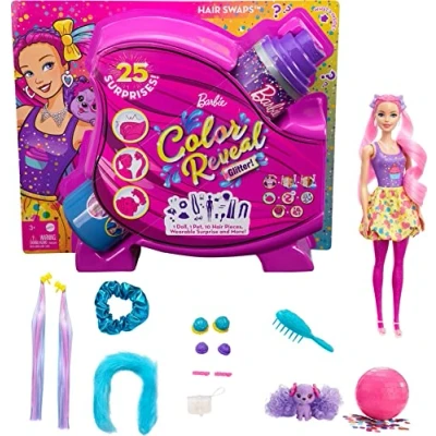 Imagen de Barbie Color Reveal Peinados Cupcake, muñeca Sorpresa de Juguete con Accesorios para el Pelo y Mascota (Mattel HBG39)