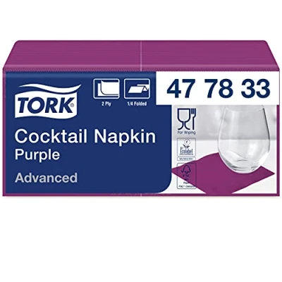 Imagen de Tork 477833 Cocktail Servilleta de papel, 2 capas, 12 paquetes 200 unidades (2400 servilletas), 24 cm x cm, Advanced, color violeta
