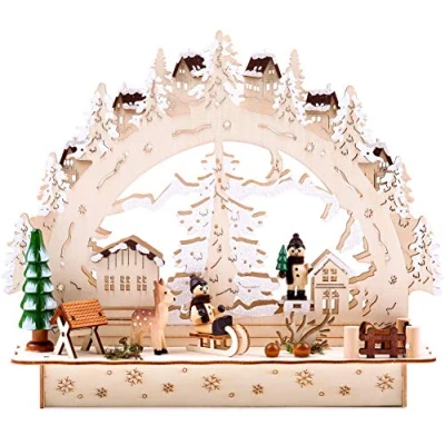 Imagen de BRUBAKER 3D Puente de vela madera Navidad Luz arco paisaje invierno con pueblo iluminación LED natural 27,5 x 24,5 8,7 cm Pintado a mano