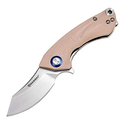 Imagen de Harnds Outdoor Cuchillo Plegable Hoja Sandvik 14C28N de Camping con Clip Bolsillo Mango G10 apertura cremallera para la Supervivencia en el (Champán)