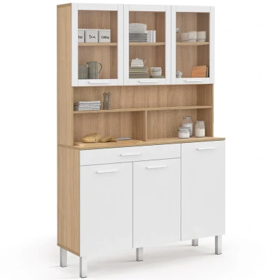 Imagen de Buffet de cuisine vaisselier 120 cm 6 placards + tiroir blanc et bois façon hêtre